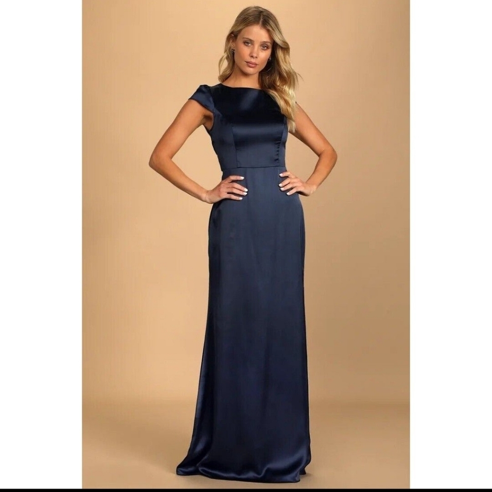 Lulus Navy Blue Satin Tie-Back Maxi Dress.